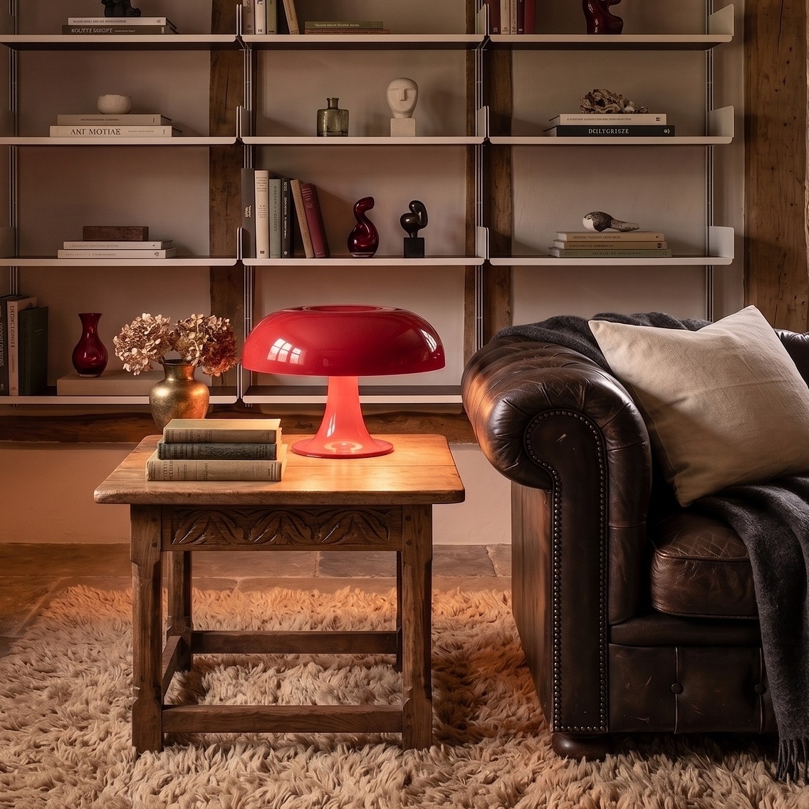 Crvena Nesso Artemide lampa na drvenom stoliću pored kožne chesterfield sofa